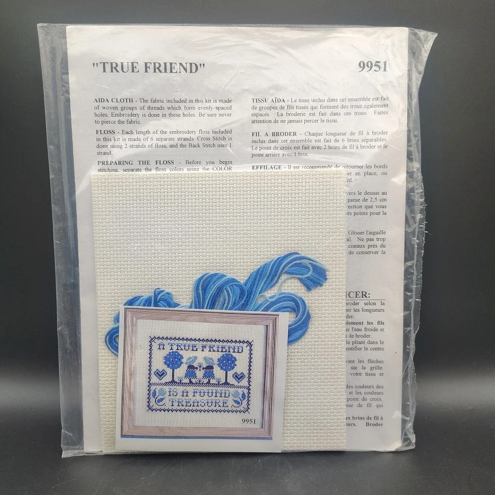 Vintage True Friend Cross Stitch Sampler Kit Blue White DIY Home Decor 9951 Boho